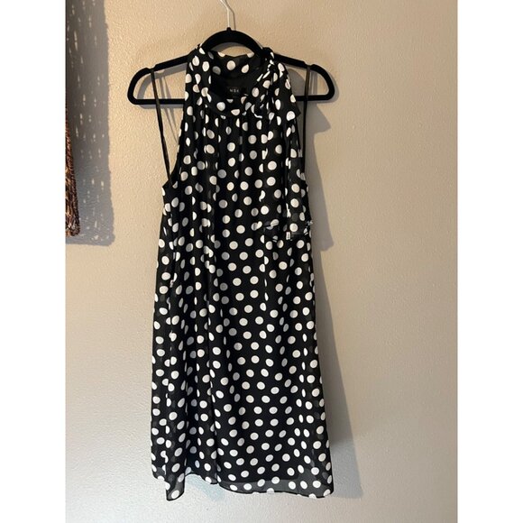 MSK Dress 14 Black White Polka Dot Mock Tie Neck Sleeveless Flowy Washable NEW - Picture 6 of 7